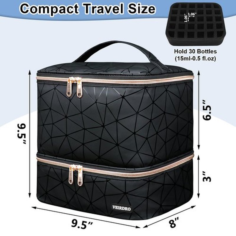 Veirdro Nail Polish Organizer Bag Holds 54 Bottles (15ml/0.5 fl.oz) and Nail Lamp, PU Leather Nail Kit Storage Carrying Case with Support Strap, Large Nail Supplies Shoulder Bag Women (Elegant Black)