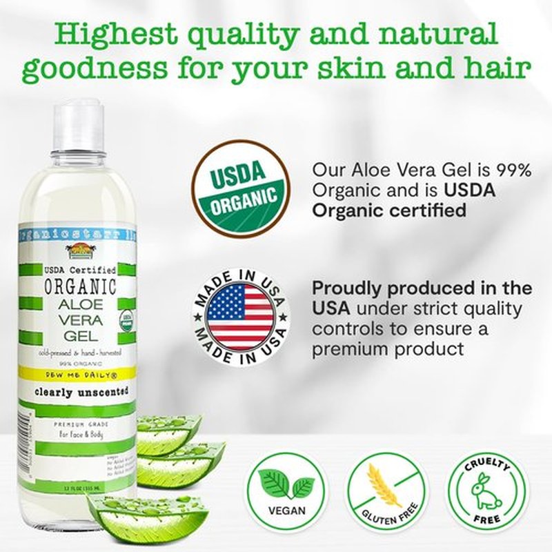 DEW ME DAILY USDA Certified Organic Aloe Vera Gel 12 oz - 100% Pure, Cold Pressed, Hand Harvested, Unscented, Chemical-Free - Skin & Hair Care, Sunburn Relief, Made in USA