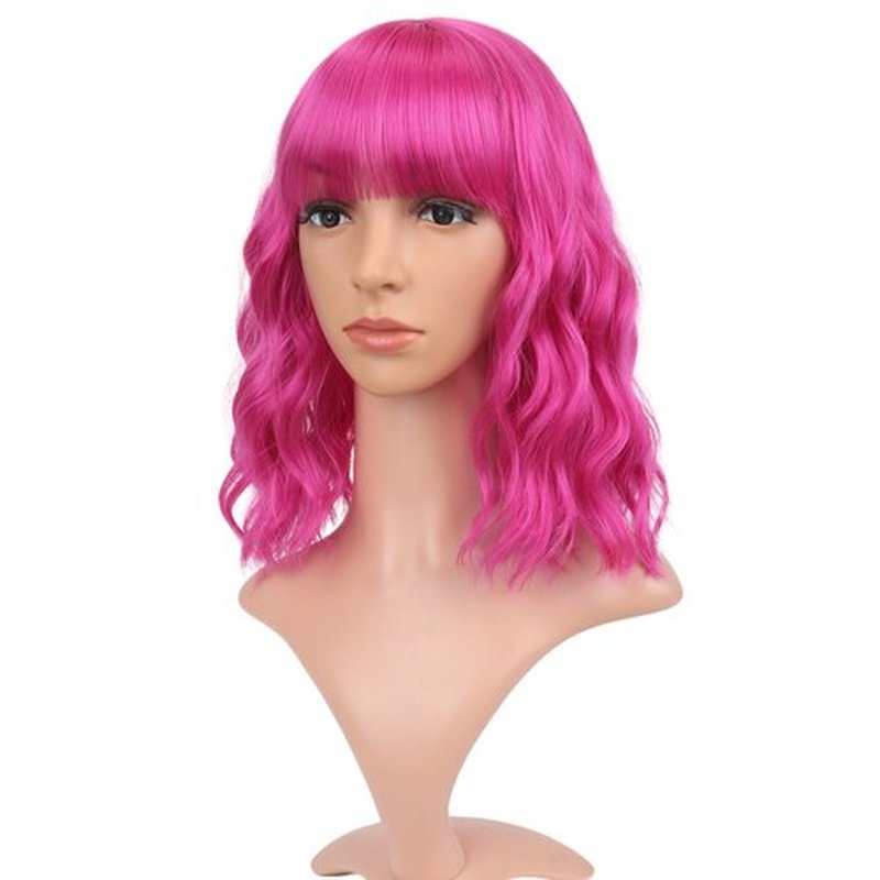 VCKOVCKO Short Bob Wigs Barbie pink Wavy Wig With Air Bangs Women's Shoulder Length Wigs Curly Wavy Synthetic Cosplay Wig Pastel Bob Wig for Girl Colorful Wigs(12", Barbie pink)