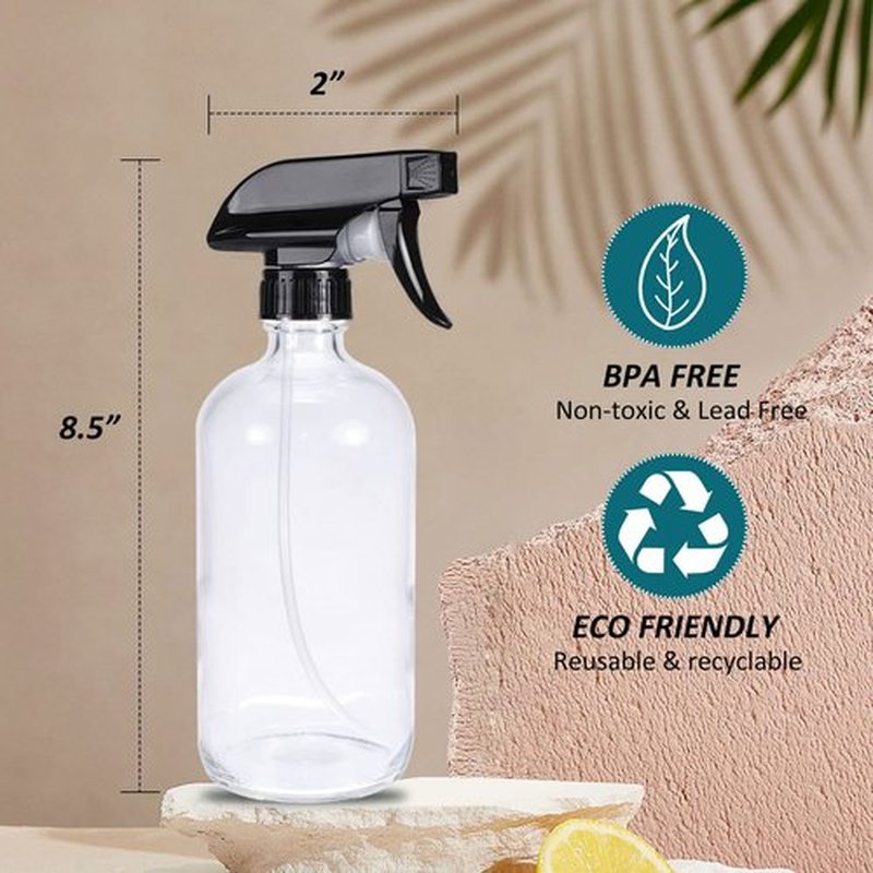 HAOERMEI 16 oz Clear Glass Spray Bottles - 2 Pack Refillable Empty Bottle for Cleaning Solutions, Essential Oils, Plants, Hair Mister - with Pump,Labels &Funnel, Dropper (Clear-2PACK)