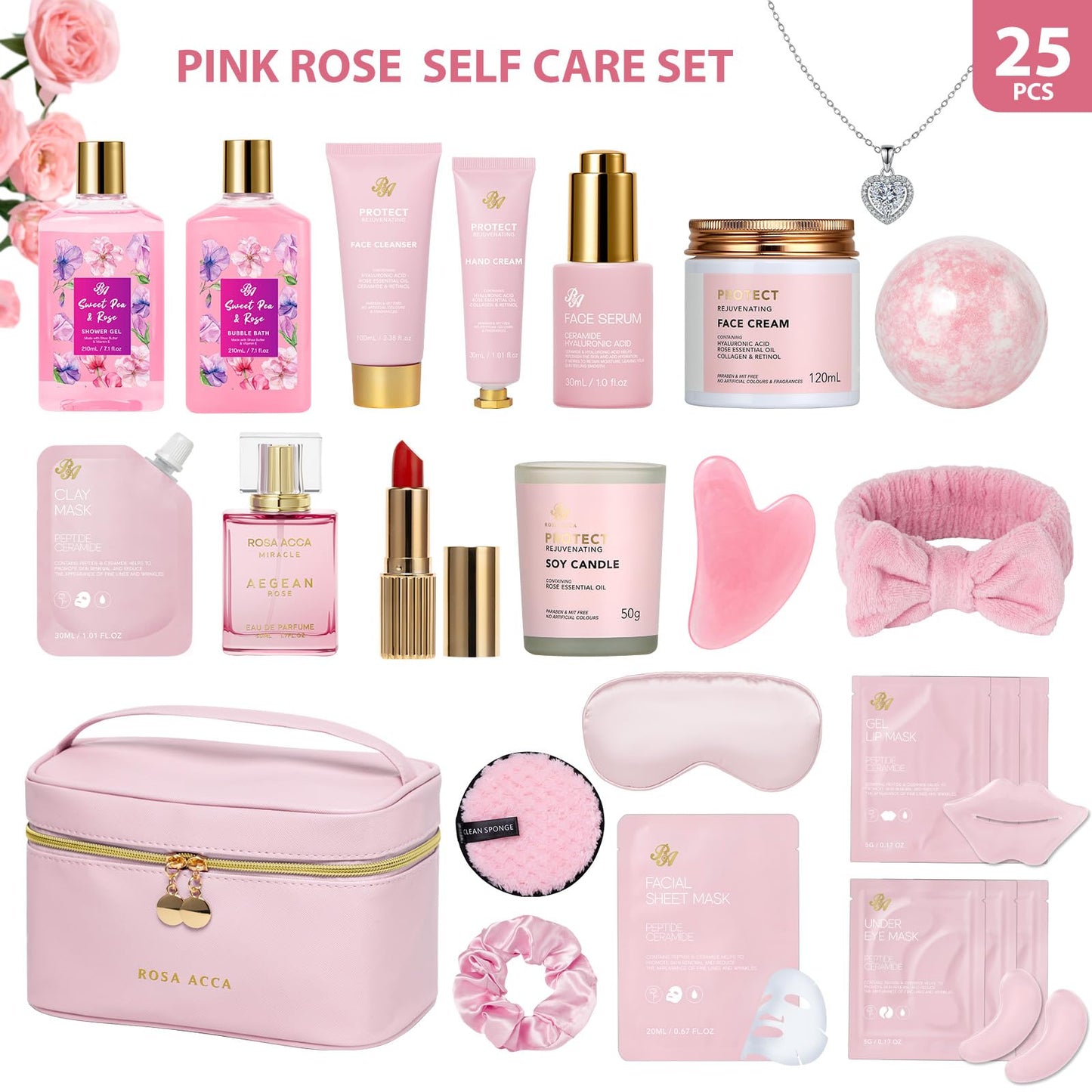 Gifts for Women, Gifts Basket for Women, 25 Pcs Rose Bath & Body Gift Basket Set, Hydrating Skin Care Gift Set, Self Care Gifts, Cosmetic Bag, Necklace, Christmas, Birthday, Anniversary, Mom, Wife