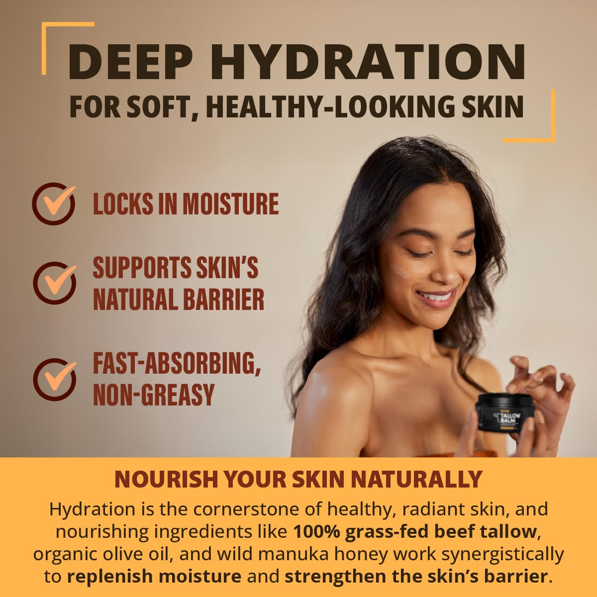 TETON Grass Fed Beef Tallow Balm with Manuka Honey, Olive Oil & Vitamin E – All-Natural Face & Body Moisturizer – Hydrating Skin Cream for Dry, Sensitive Skin – 50ml Glass Jar