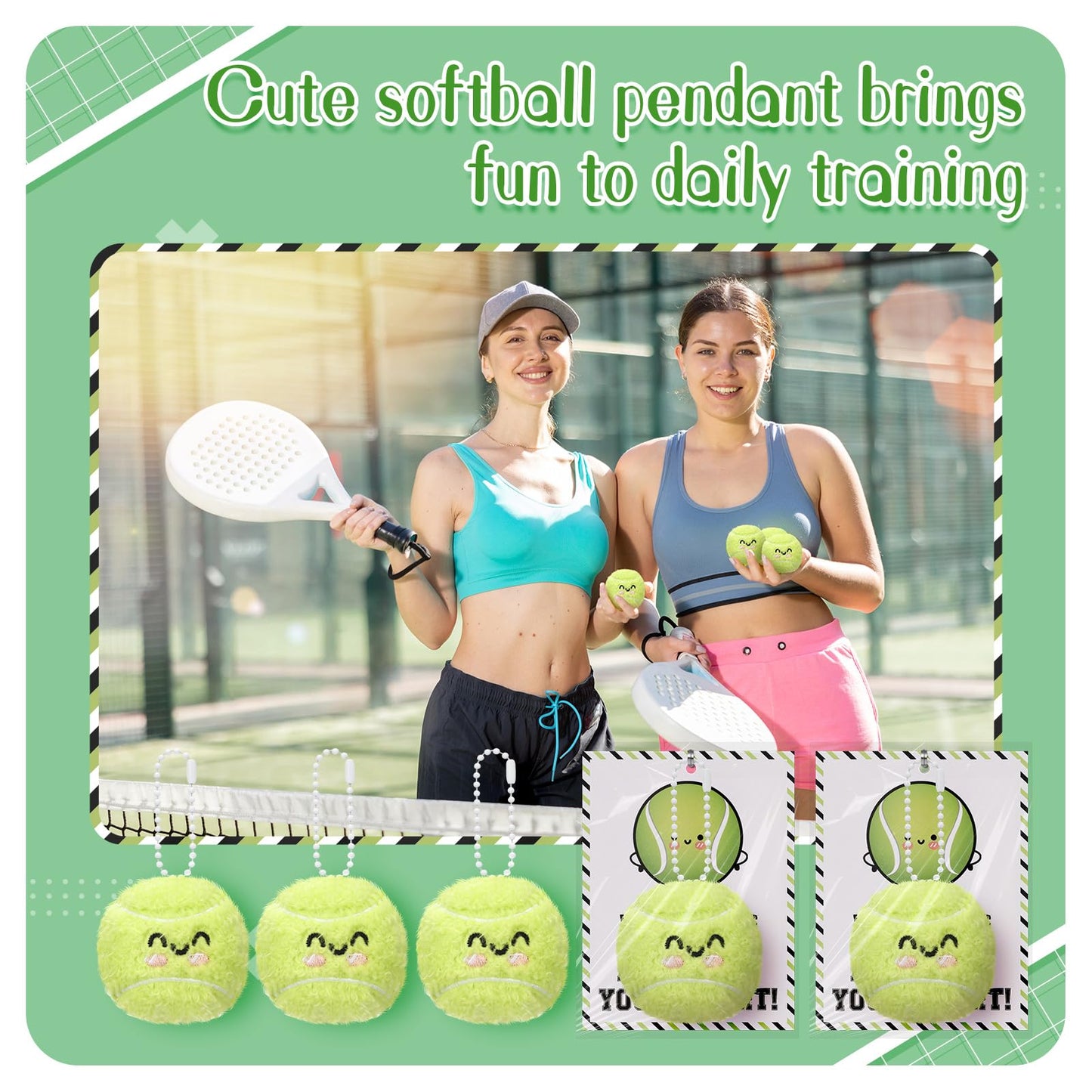Jenaai 20 Set Tennis Gifts Smile Keychain with Inspirational Cards for Tennis Party Favors Sports Lover Team Coworker Birthday Gifts Bags