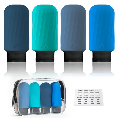 Portable Silicone Travel Bottles Set for Toiletries, 4 Pack TSA Approved Travel Size Containers with Toiletry Bag, 3oz Leak Proof Refillable Liquid Travel Accessories for Shampoo Conditioner