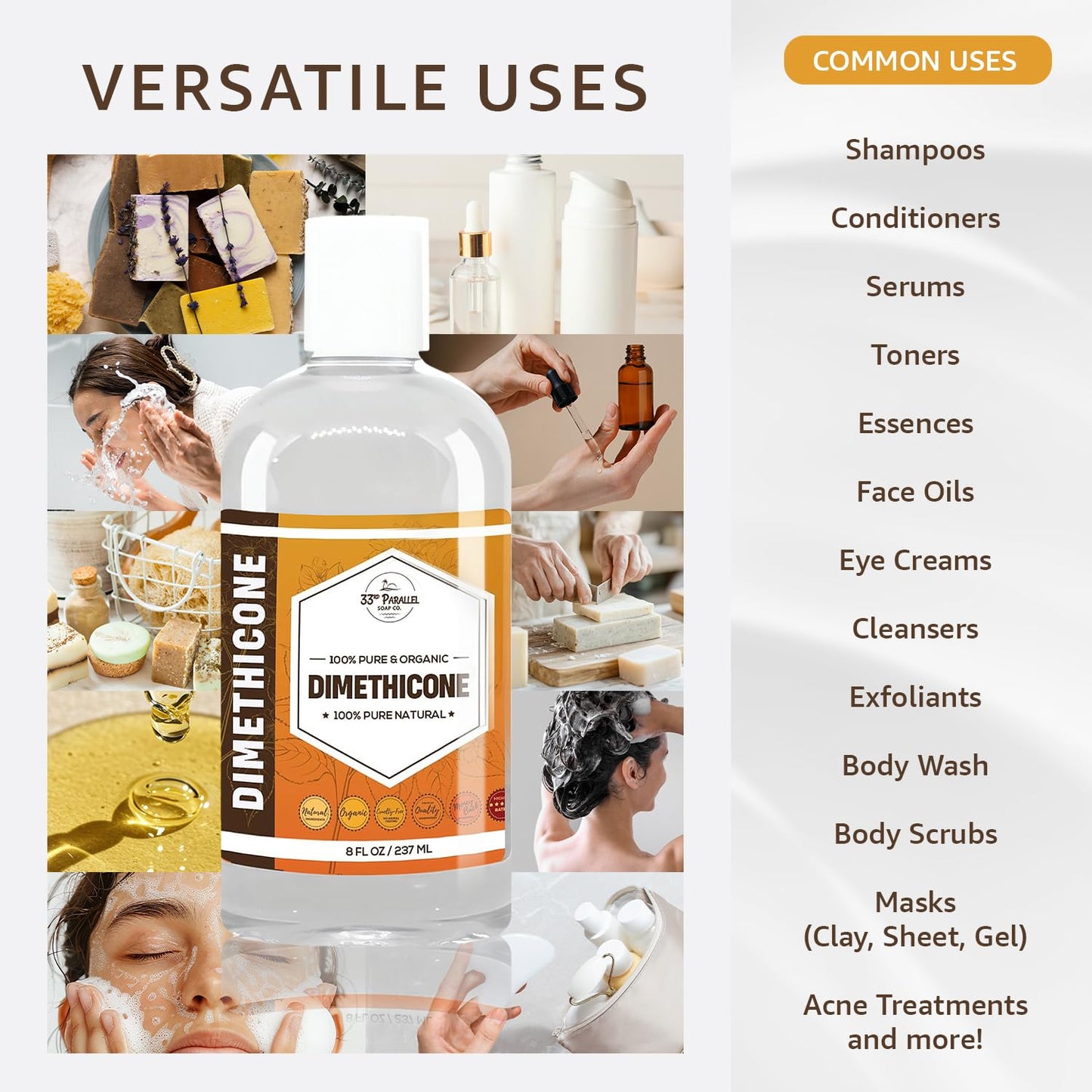 33rd Parallel | DIMETHICONE Oil (32 oz) 100% Pure, Cosmetic Grade | 350 CST Medium Viscosity | Used in Moisturizers, Lotions, Primers, Foundations, Hair Products, Sunscreen, Wound Care | 32 Ounces