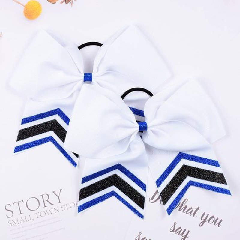 DEEKA 8PCS Large Glitter Cheer Bows Shiny 7" Cheer Hair Bows Ponytail Holder Handmade for Cheerleader Girls Softball Sports -Royal Blue/Black