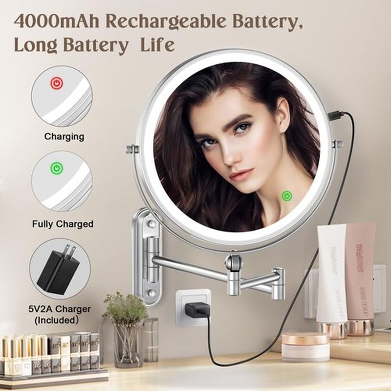 9" Wall Mounted Makeup Lighted Mirror, 4000mAh Rechargeable Double Sided LED Vanity Mirror with Height Adjustable&1X/10X Magnification, 3 Color Lights Bathroom Mirror