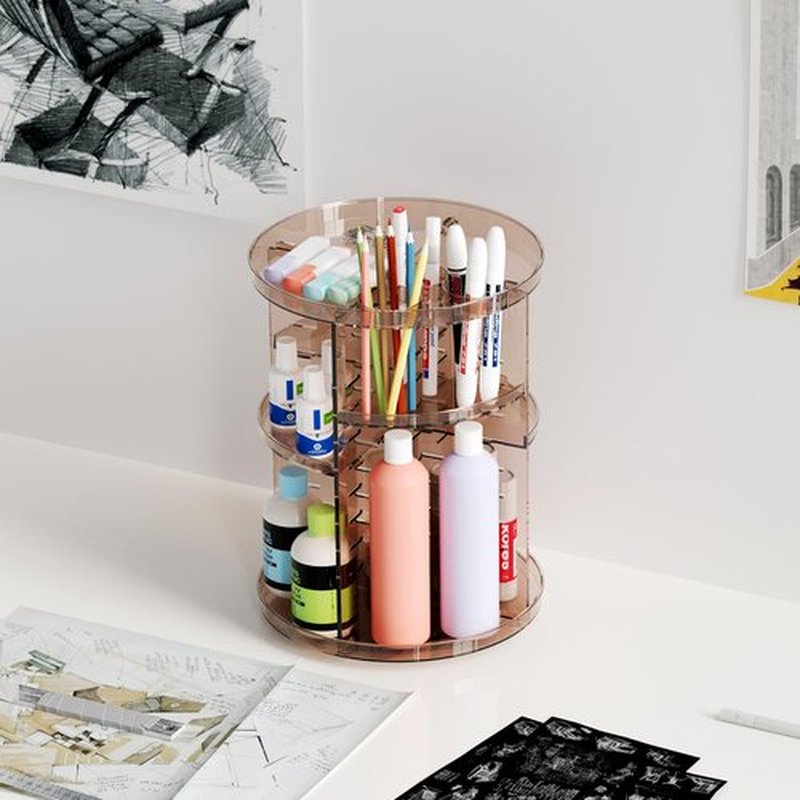 Rotating Makeup Organizer Countertop, DIY Adjustable Trays Spinning Skincare Organizers, Cosmetic Display Shelf with Perfume & Brush Holder, Multi-Function Desk Storage Carousel for Vanity Bathroom