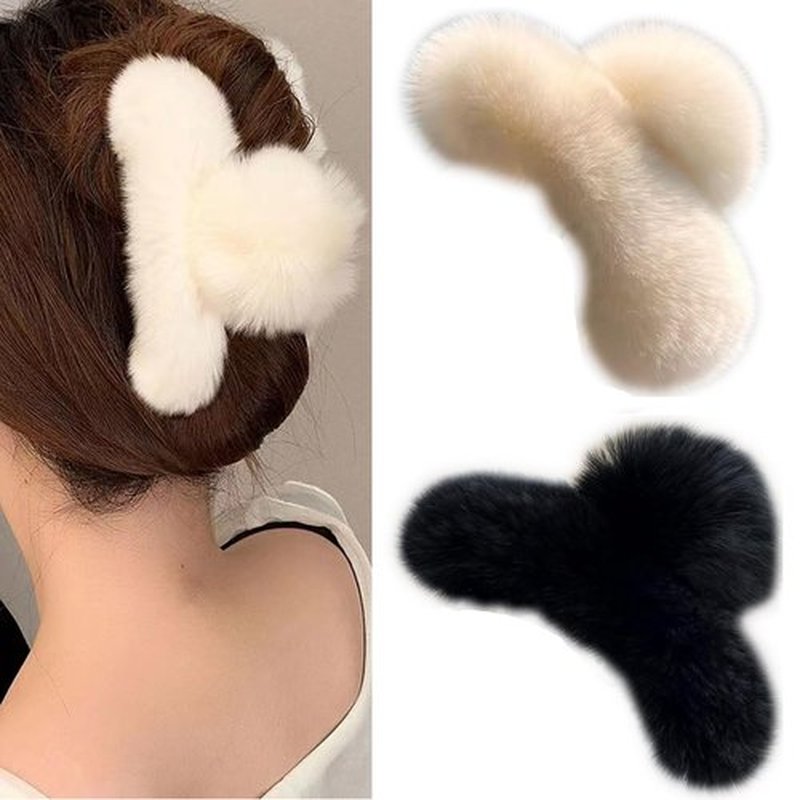 papasgix Hair Claw Clips for Women, Large Faux Fur Hair Claw Clip for Women, Large Hair Clips Winter Fluffy Plush Hair Claw Clips Hair Accessories (Black+White)
