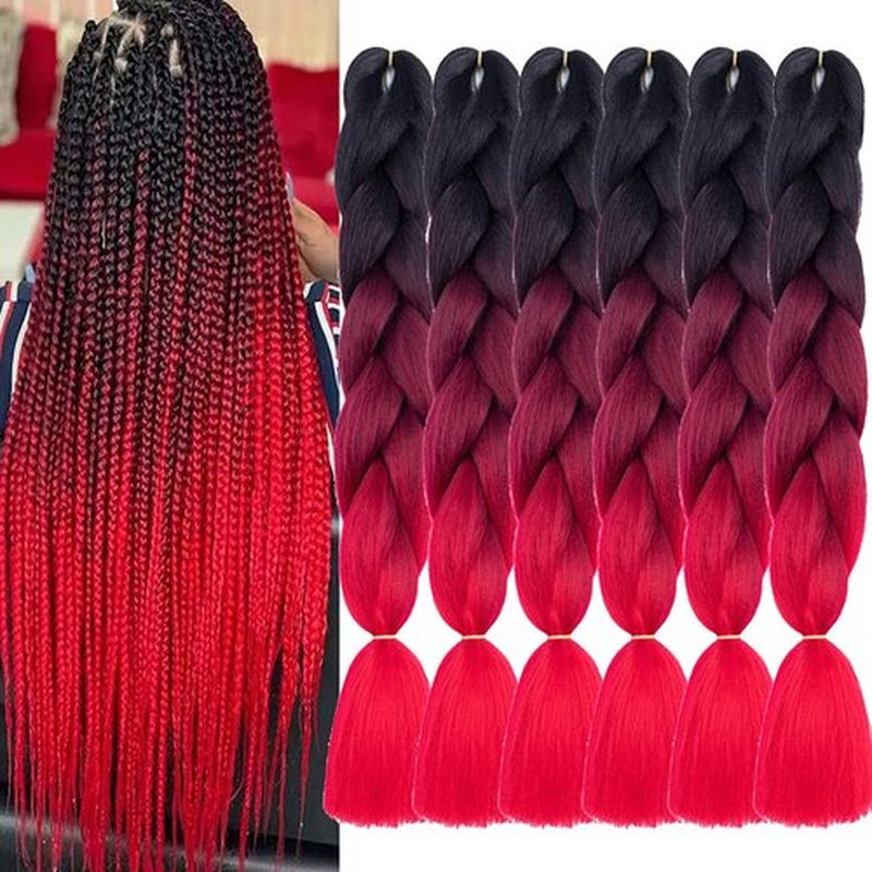Xiaofeng Braiding Hair Extensions for Women 6 Packs 100g/Pack 24Inch High Temperature Ombre Jumbo Synthetic Braiding Hair for Twist Crochet Braids (24 Inch, black-wine red-red)