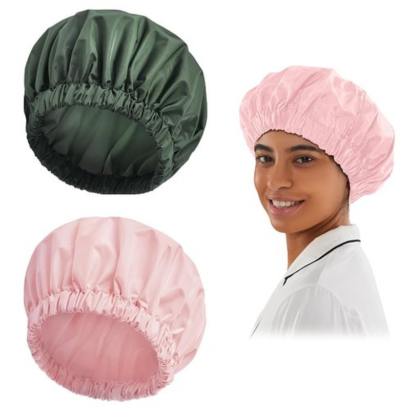 Reusable Shower Cap for Women, Large Waterproof Shower Bonnet Washable Elastic Band Bath Hair Hat for Long Hair, Braids(Pink&Green)