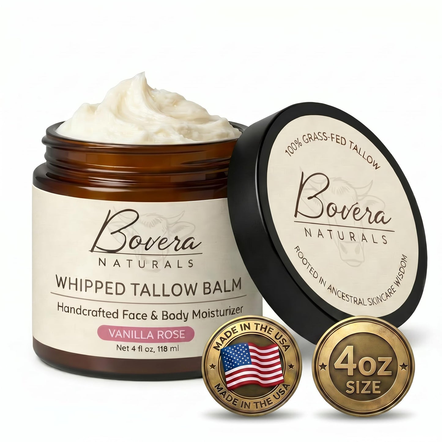 Bovera Naturals Tallow Moisturizer, Vanilla Rose Scent Face and Body Cream, 100% Organic Grass-Fed Beef Tallow, Non-Greasy for Dry Sensitive Skin, Eczema Cream and Body Butter, 4 fl oz