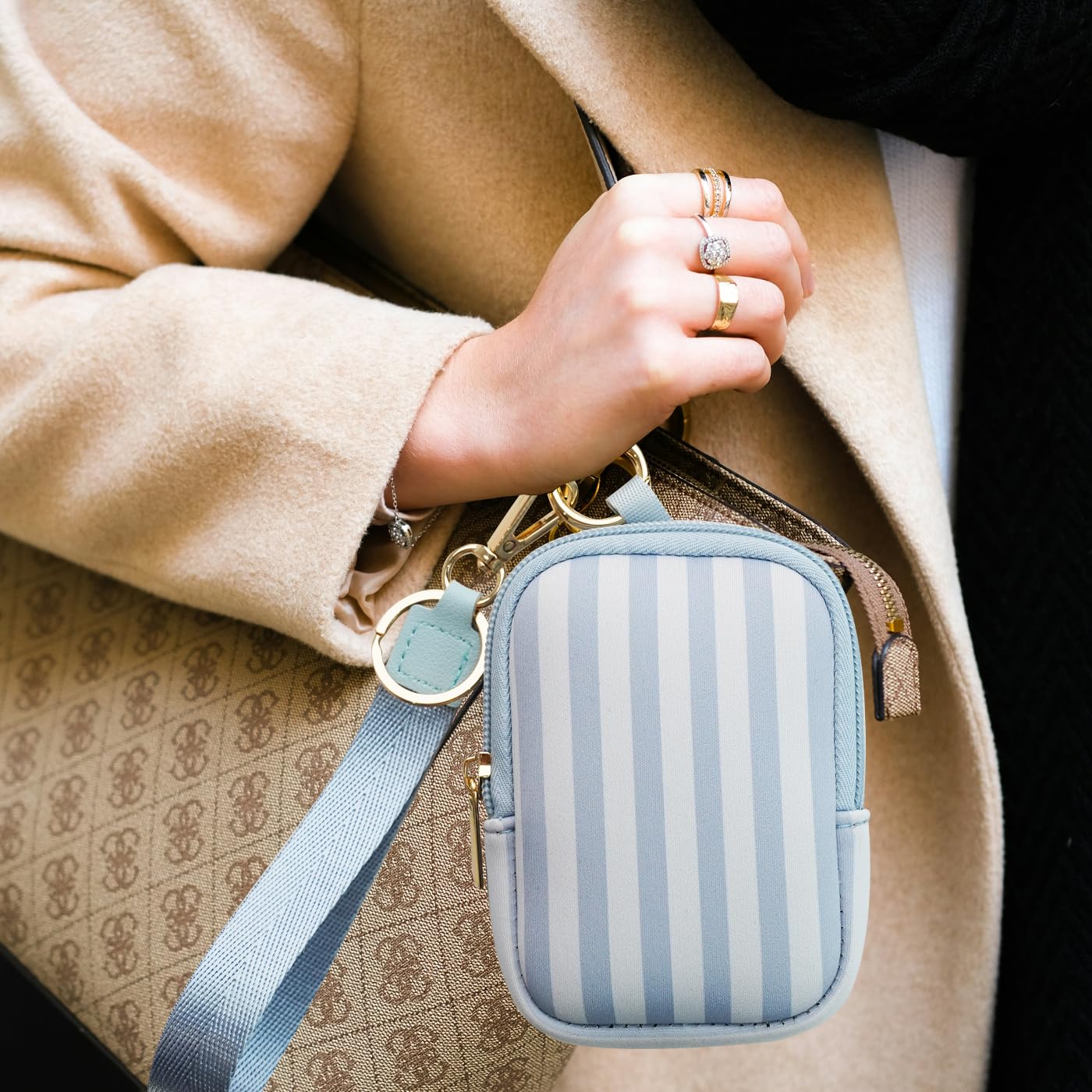 Elyndor Hand Sanitizer Spray Case, Compatible with Touchland 1 FL OZ/30 mL, Holder with Keychain for Travel Size, Makeup Bag (Blue Stripes)