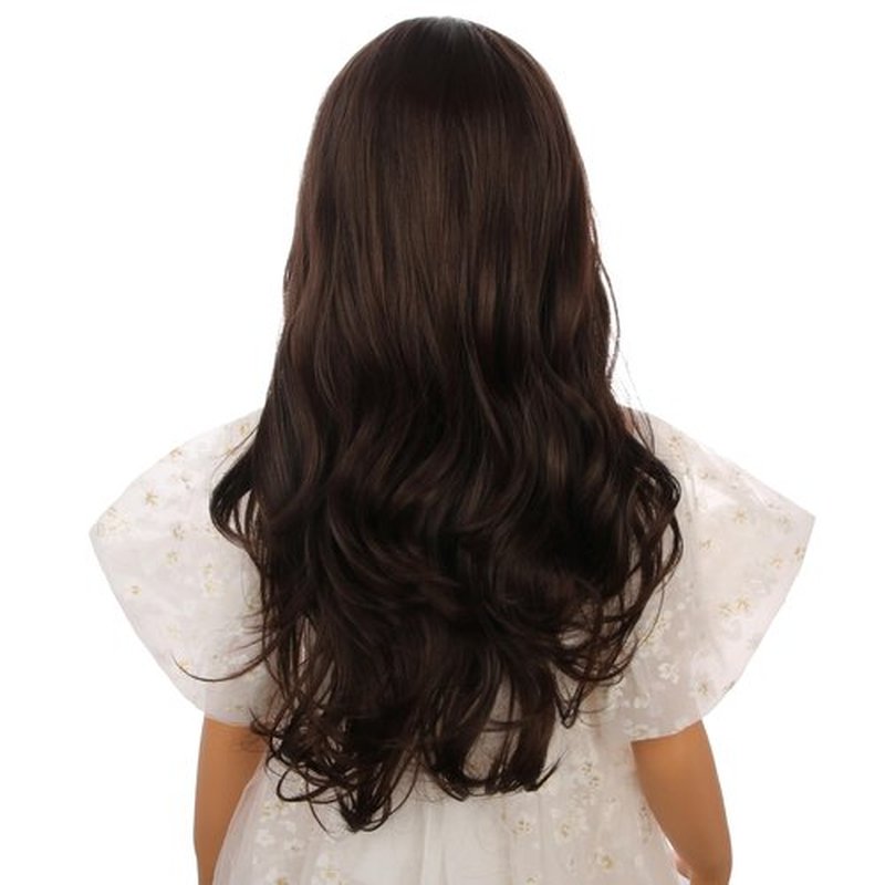 Edivd Kids Mixed Brown Wig Long Dark Brown Wig with Flat Bangs for Child Girls Long Brown Wavy Curly Wig Heat Resistant Synthetic Wig with Wig Cap