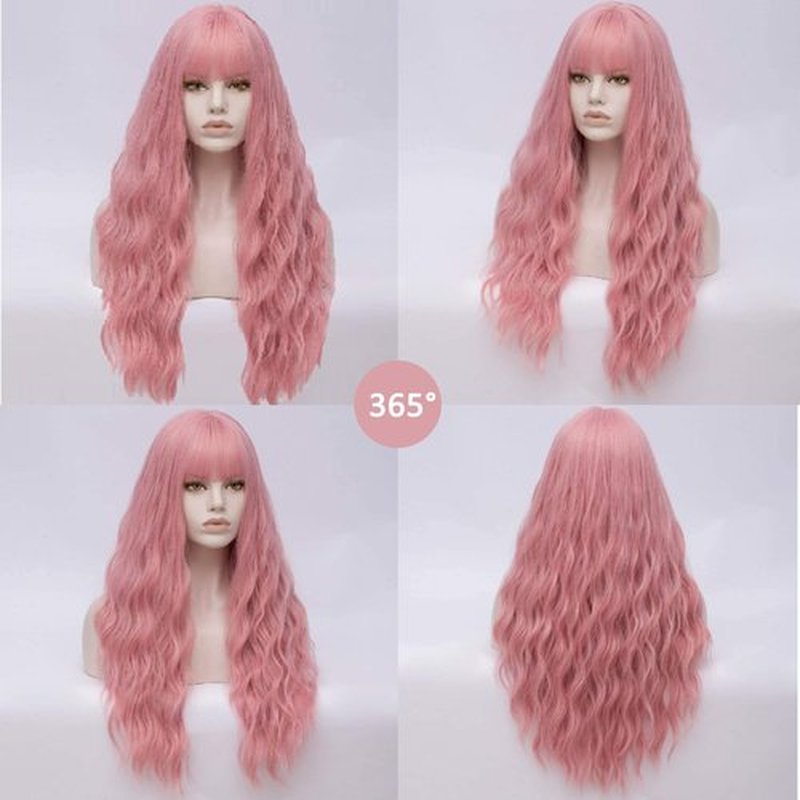 MORTICIA Women Long Kinky Curly Wavy Full Bang Wig for Party and Daily Wear (Mixed Pink)