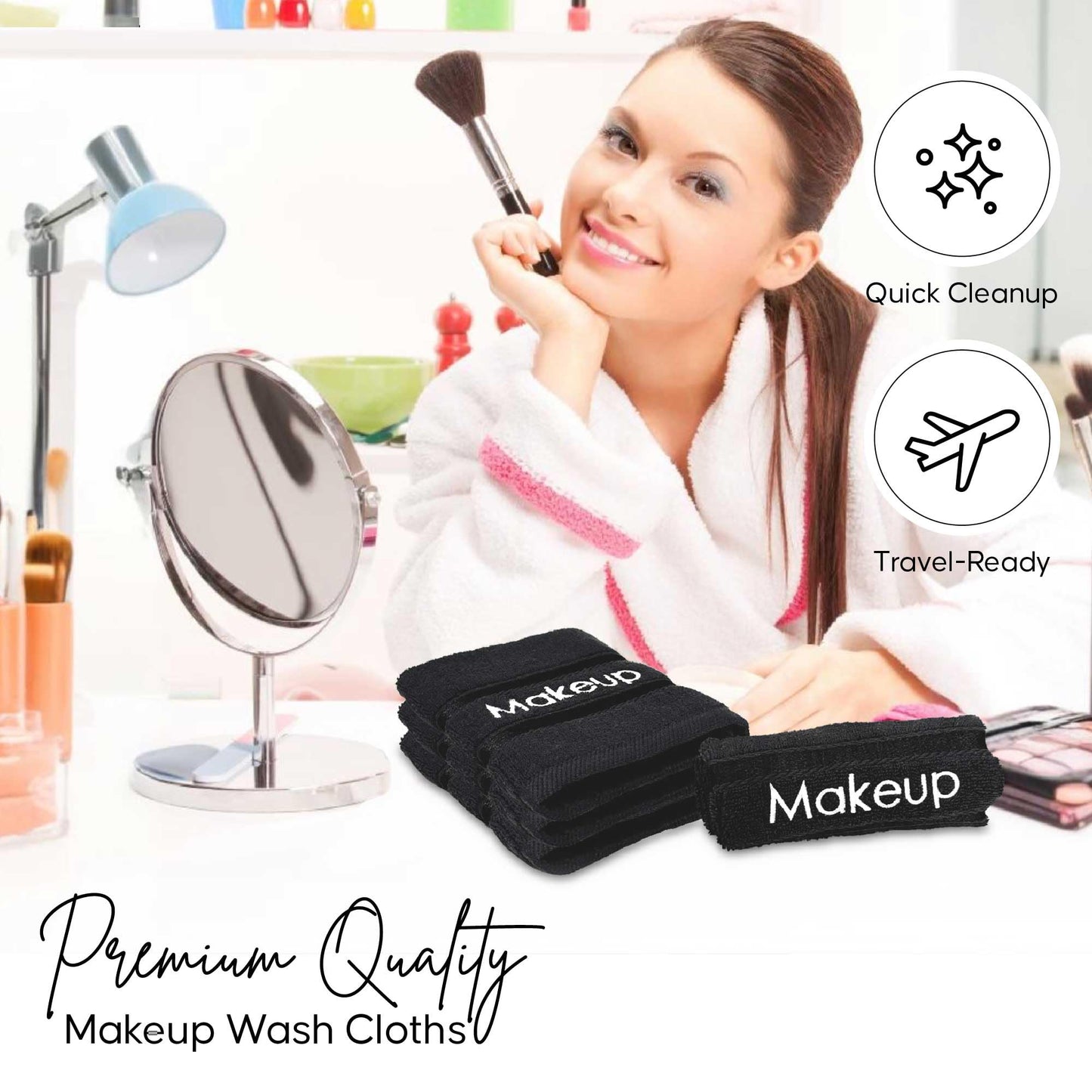 YRALY Makeup Towels - Pack of 6 - Soft Cotton Wash Cloths for Face & Makeup Removal, Airbnb Essentials for Hosts, Luxury Washcloths (13x13 Inches. Black)