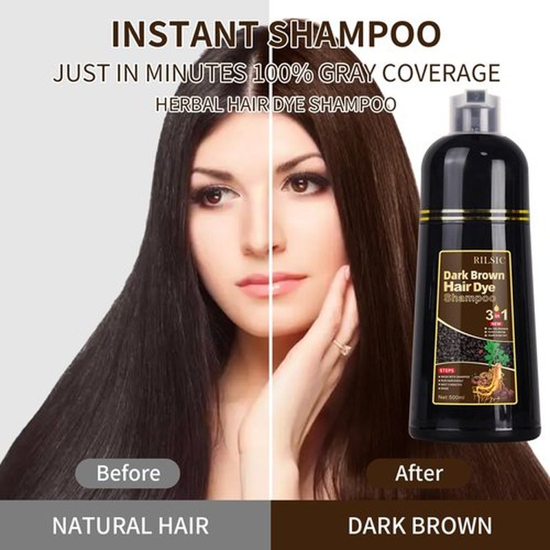 RILSIC Hair Dye Shampoo 3 IN 1, Instant Hair Color Shampoo for Women Men - Herbal Natural Hair Color- Grey Hair Coverage, Black Hair Dye Coloring in Minutes(500ML, 17.6 Fl Oz) (Dark Brown)