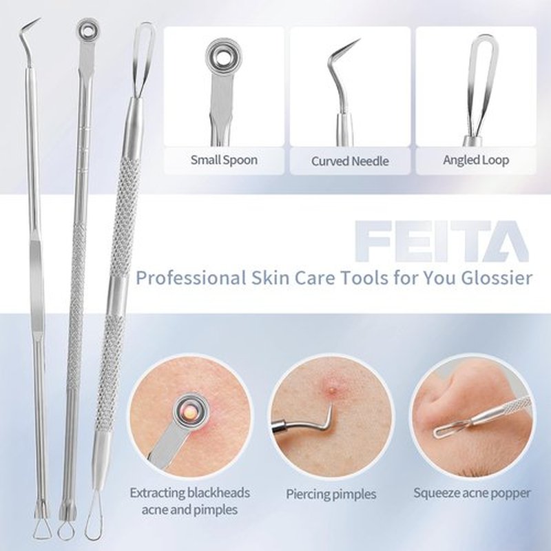 FEITA Blackhead Remover Comedone Extractor Tool, Face Black Head Needle & Curved Tip Acne Tweezers Kit with Metal Box, Facial Stainless Pimple Removal Tools Kit for Nose, Silver 8Pcs
