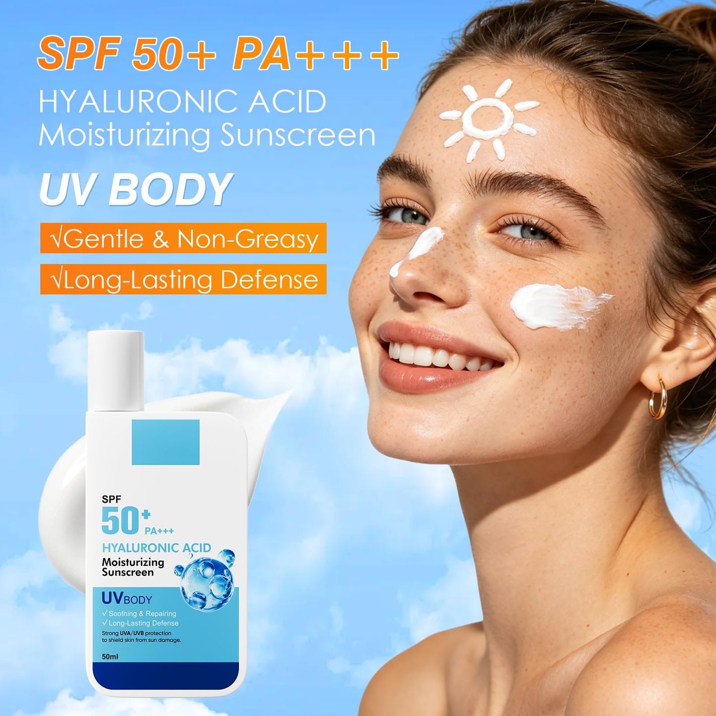 Moisturizing Sunscreen SPF 50 PA++++ with Hyaluronic Acid | Daily Face & Body Sun Protection, Lightweight, Non-Greasy, Suitable for All Skin Types Including Sensitive Skin, 1.7 oz