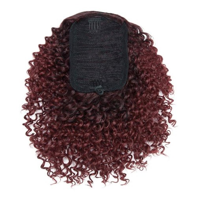 Hairro Afro Kinky Curly Ponytail Extensions Short Synthetic Hair 8 Inch Drawstring Deep Wave Puff Hairpieces for Black Women Ombre 1B/BURG Red