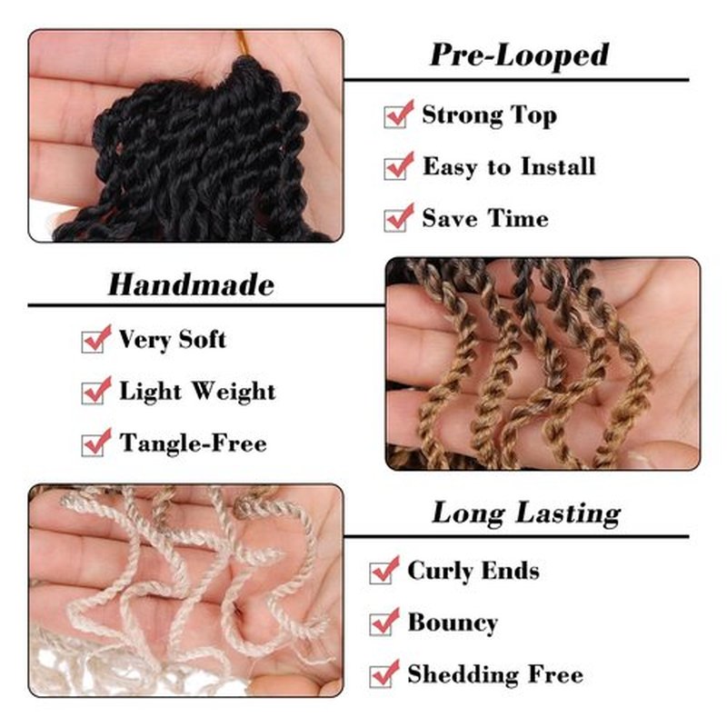 Leeven 6 Inch 8 Packs Wavy Senegalese Twist Crochet Hair with Curly Ends Ombre Blonde Pre Looped Small Hanava Twist 2 Strand Short Twist Hair 3 Tone Synthetic Crochet Braids for Women Girl Kids