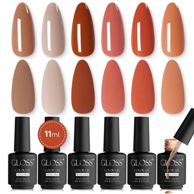 GLOSS Autumn Gel Nail Polish Set | HEMA Free 6pcs Set with Beige, Oat Milk, Burnt Orange, Rust, Flame, Tangerine UV Led Gel Nail Polish, Gel Varnish for DIY Manicure, Ideal Girls & Women Gift