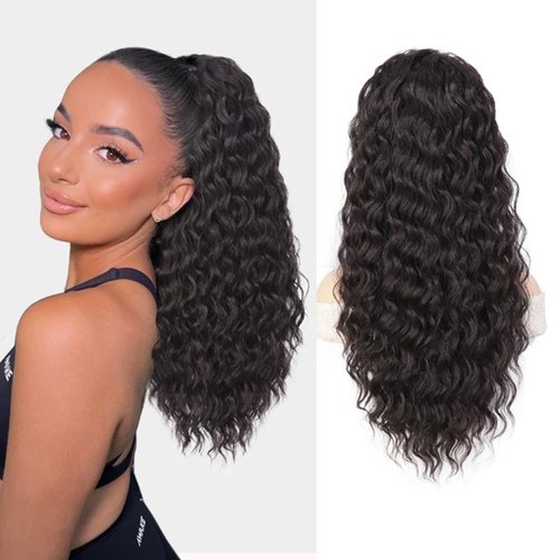 AISI BEAUTY Long Curly Ponytail Extension Drawstring Ponytail for Black Women 22 Inch Synthetic Clip in Pony Tails Hair Extensions(Brown Black)