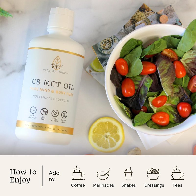 100% Pure C8 MCT Oil - 3X Distilled Caprylic Acid for Clean Energy | Non-GMO, Paleo, Keto | 32oz, 64 Servings