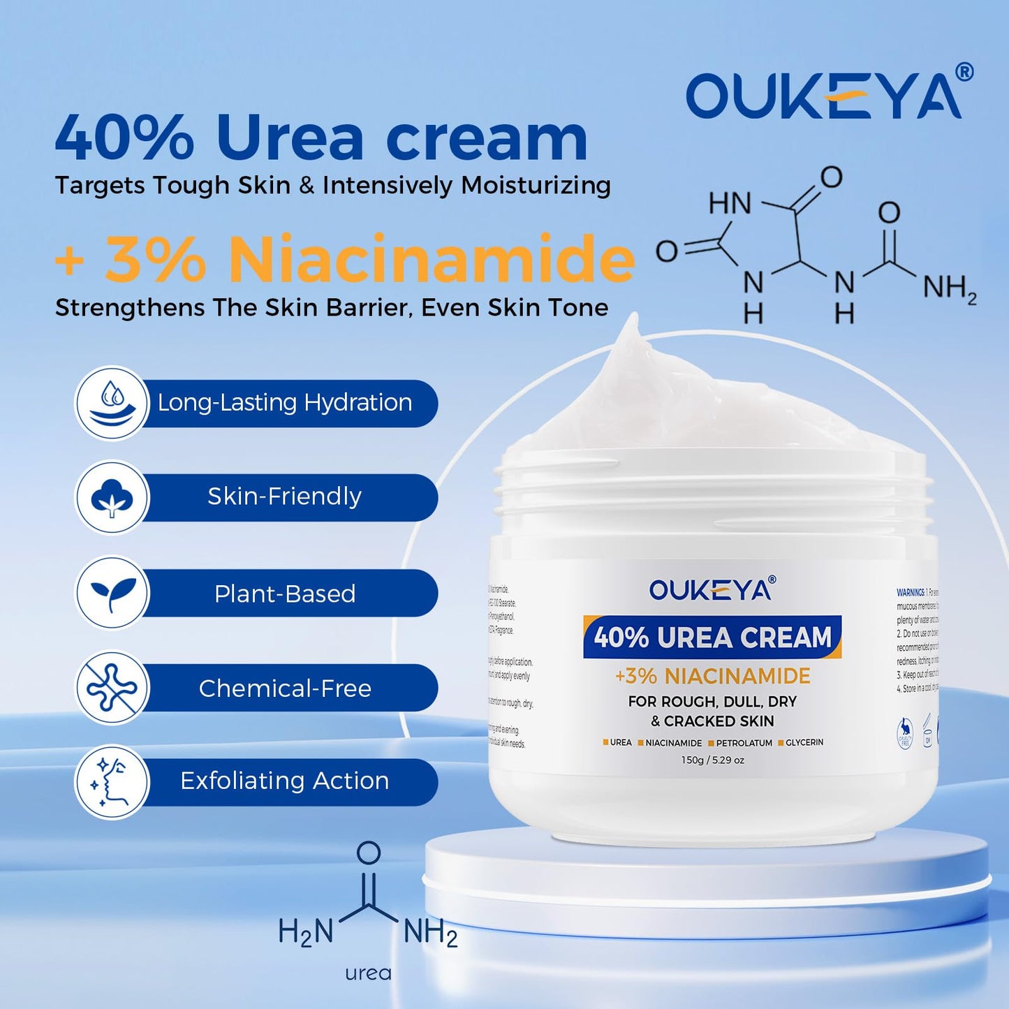 OUKEYA Urea Cream 40 Percent with 3% Niacinamide, 5.29oz
