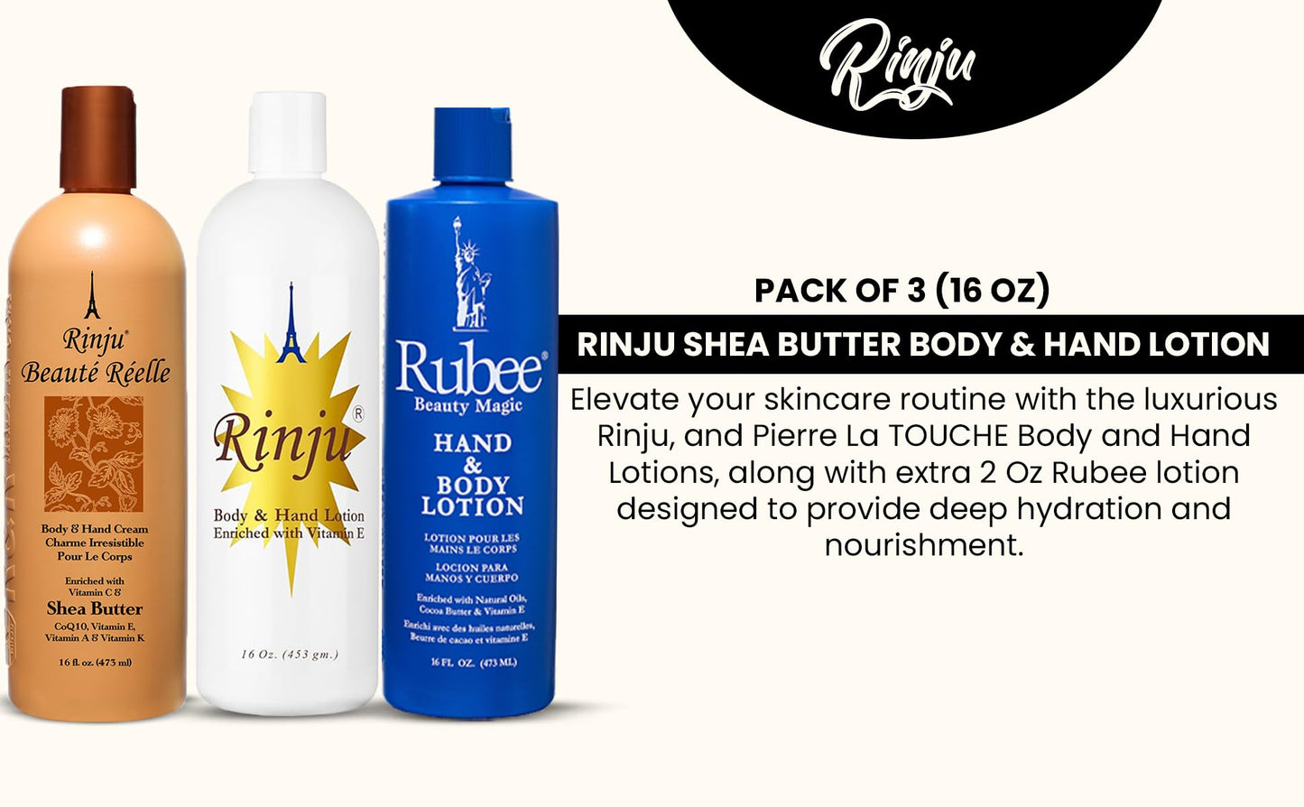 Rinju Body & Hand Lotion - Pack of 3 Non-Greasy Lotion for Women & Men - 16oz - Rubee Cacao Butter Lotion for Extremely Dry Skin - Vitamin E Moisturizer, Shea Butter - Soothes & Softens Skin