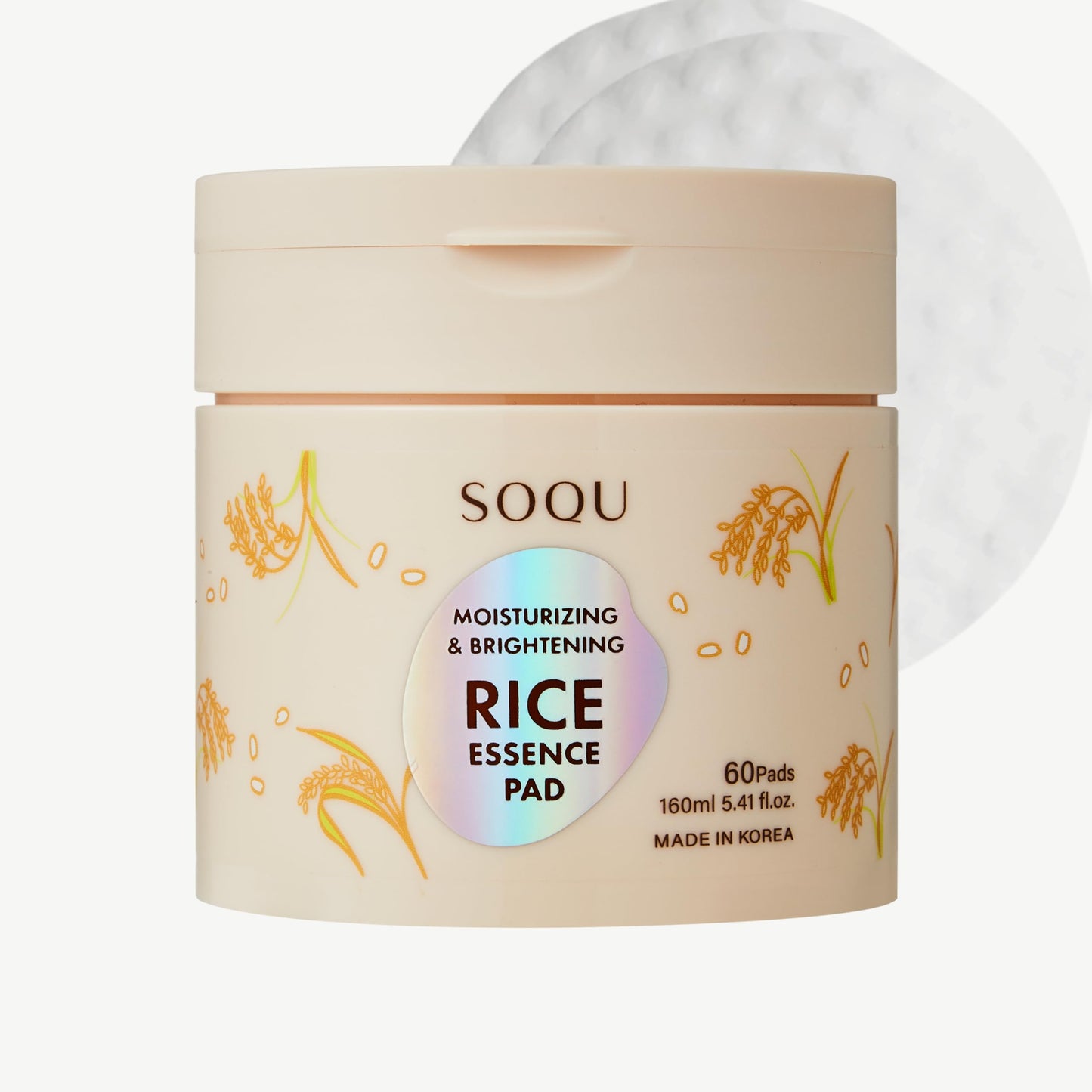 SOQU Rice Essence Pad – Moisturizing & Brightening Facial Pads with Rice Extract, Hyaluronic Acid & Niacinamide – 60 Pads (160ml, Made in Korea)