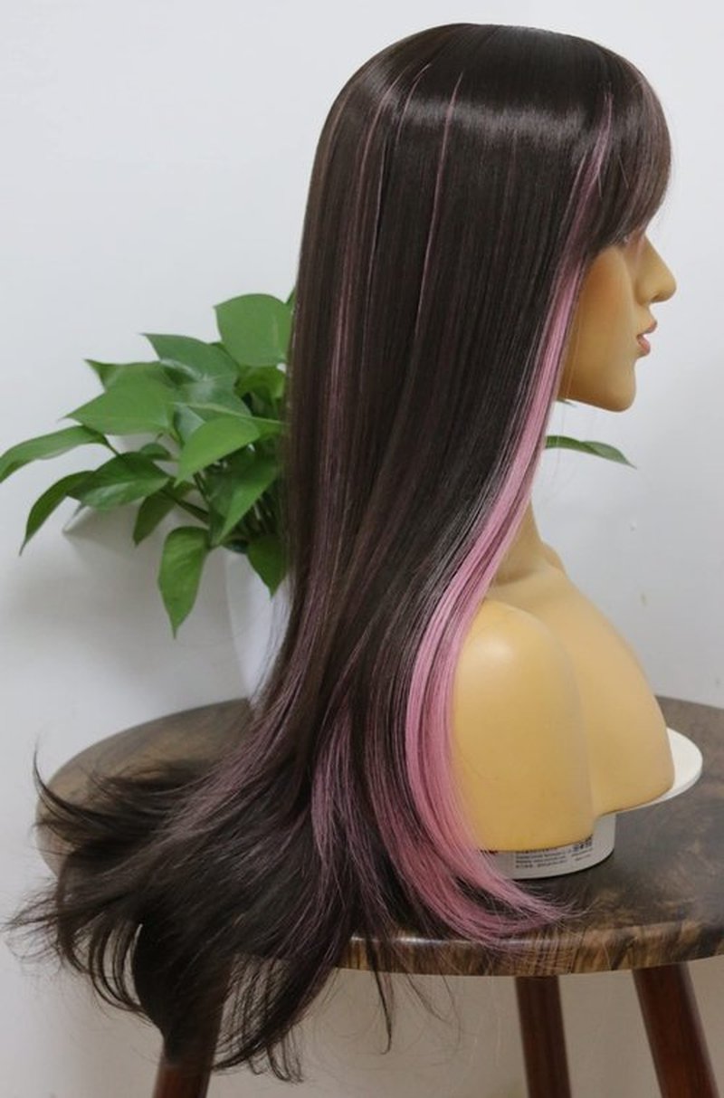 MSMYRNS Pink Highlights Dark Brown Color Mixed Bang Wig Heat Resistant Synthetic Wig Glueless Scalp Wig For Fashion Girls Hair Replacement Unit Party Cosplay Daily Use Natural Wavy Curly Wigs