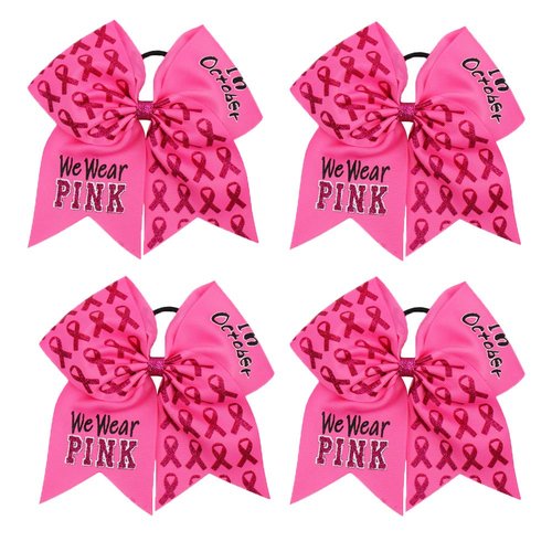 Subesty 4 Count Hair Tie, Large Breast Cancer Awareness Girls Cheerleader Hair Bow, 7 inch Grosgrain Ribbon, Set of 4, Pink, Elastic Ponytail Holder Style