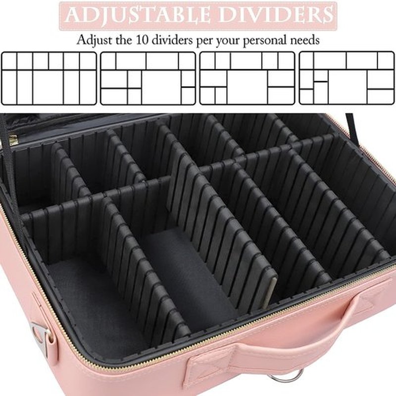 JOURMON Makeup Case Travel Makeup Train Case Organizer Cosmetic Bag Portable with Adjustable Dividers and Shoulder Strap for Makeup Brushes Toiletry Travel Accessories(Pink, L)
