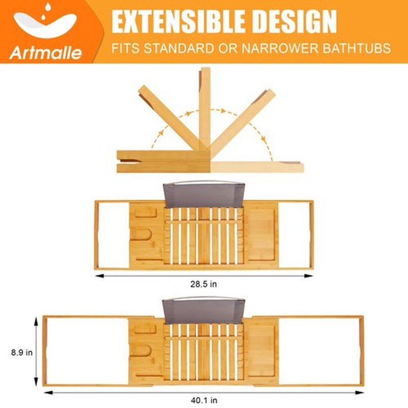 Artmalle Luxury Bathtub Caddy Tray for Tub - Foldable Bamboo Bath Table Tray with Book and Wine Glass Holder, Expandable Bathroom Accessories for Spa or Reading Lite Style