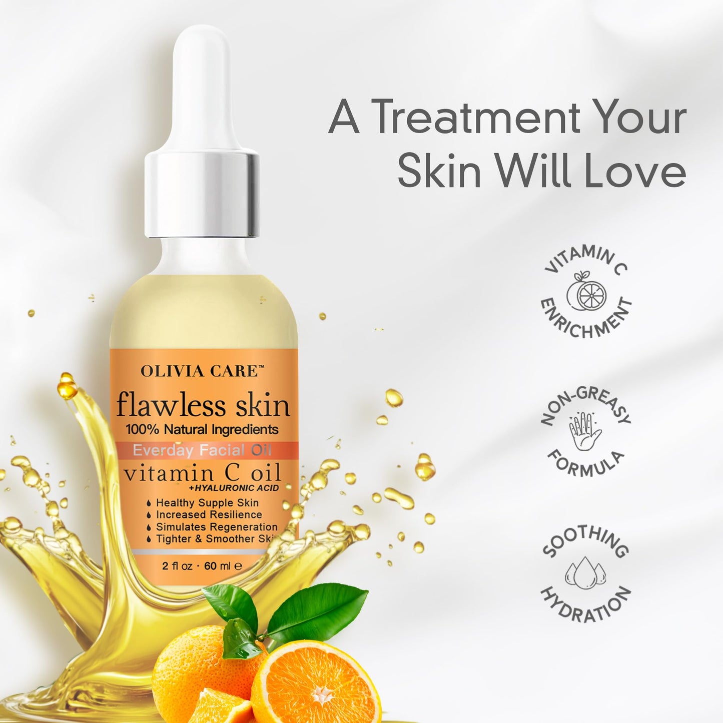 Olivia Care Vitamin C + Hyaluronic Acid Flawless Essential Facial Oil 100% Natural, Reviving, Hydrating, Calming & Soothing, Stabilize & Retain Moisture, 2 fl oz