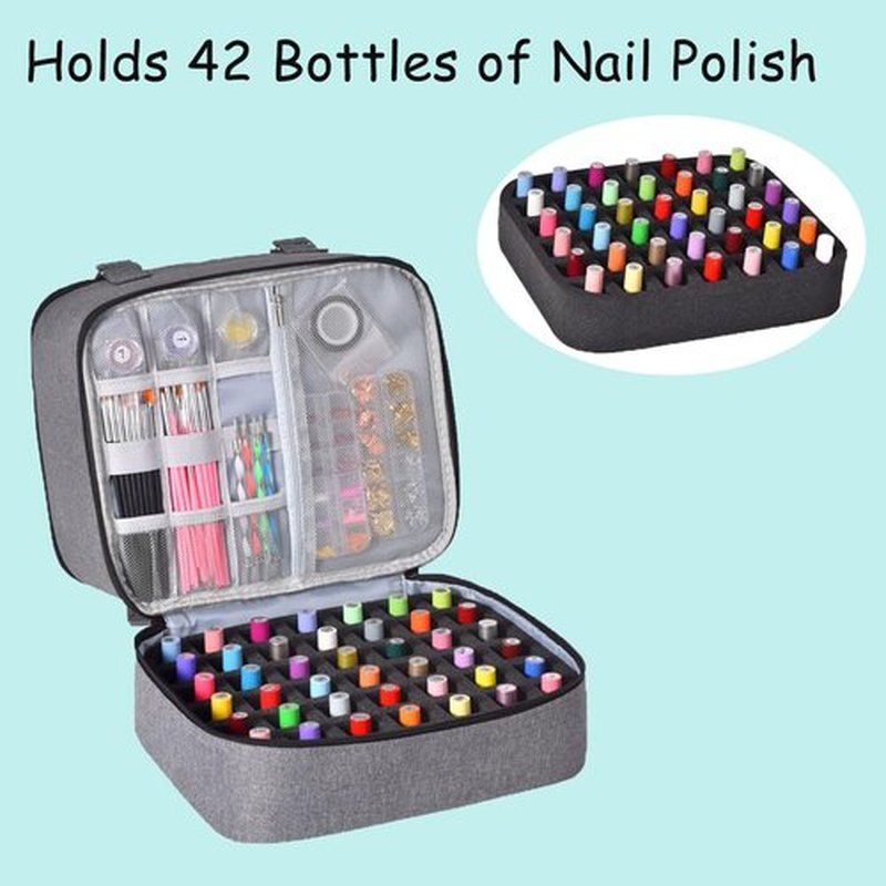 Quoyiyo Nail Polish Bag Organizer Case, Nail Polish Organizer Case Hold 42 Bottles (15 ml) and Nail Lamp, Double Layers Nail Polish Case with Adjustable Dividers for Nail Art Tools(15 ml)