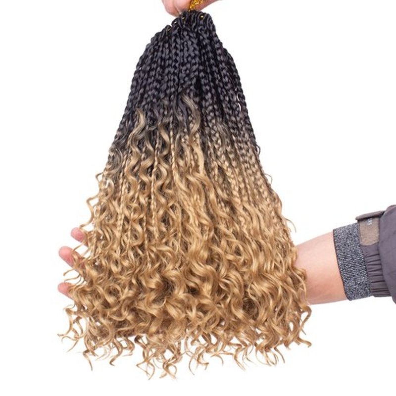Unionbeauty 14 Inch Boho Box Braids Crochet Hair with Curly Ends Pre-looped 8 PCS Messy Goddess Locs Bohemian Hippie Braids Water Wavy Hair Synthetic Braiding Hair Extension for Black Woman 1B/27#