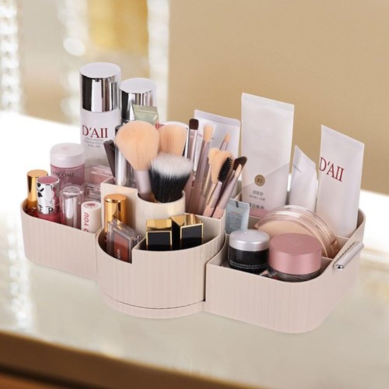 LAIMIJIN Countertop Makeup Organizer, Large Capacity Rotating Cosmetic Display Case for vanity, Spacious Makeup Skincare Storage Organizer with Makeup Brush Holder for Countertop (Cream)