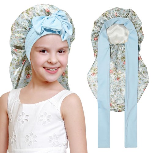 Kids Long Hair Bonnet for Sleeping - Double Layer Girls Elastic Satin Bonnet with Tie Band for Braid Curly Hair (Blue flower+Beige)