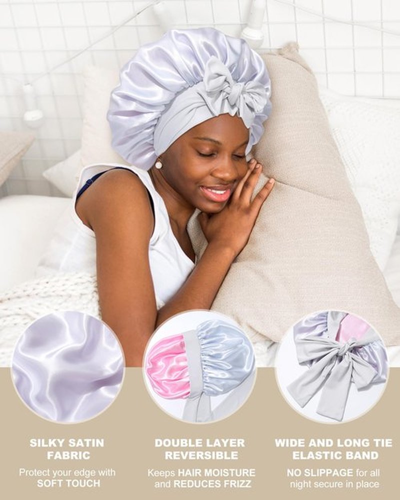 Satin Bonnet for Women Silk Bonnets for Sleeping Curly Hair Bonnet with Elastic Tie Band Reversible Double Layer Sleep Cap Hair Wrap (Pink + Grey)