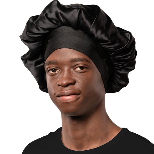 Niagara Satin Bonnet Men - Bonnet for Sleeping Men - Reversible Night Cap - Mens Bonnet for Curly Hair - Large Bonnet with Double Layer (Dark Black)