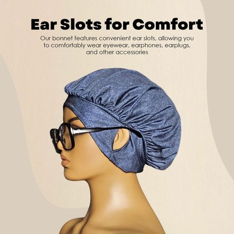 EARTWOEAR Bonnet, Hair Bonnet for Sleeping, Women Sleep Cap Hair Bonnet, Polyester/Lycra Blend Sleep Bonnet, Full Bonnet with Ear Slots (Denim)