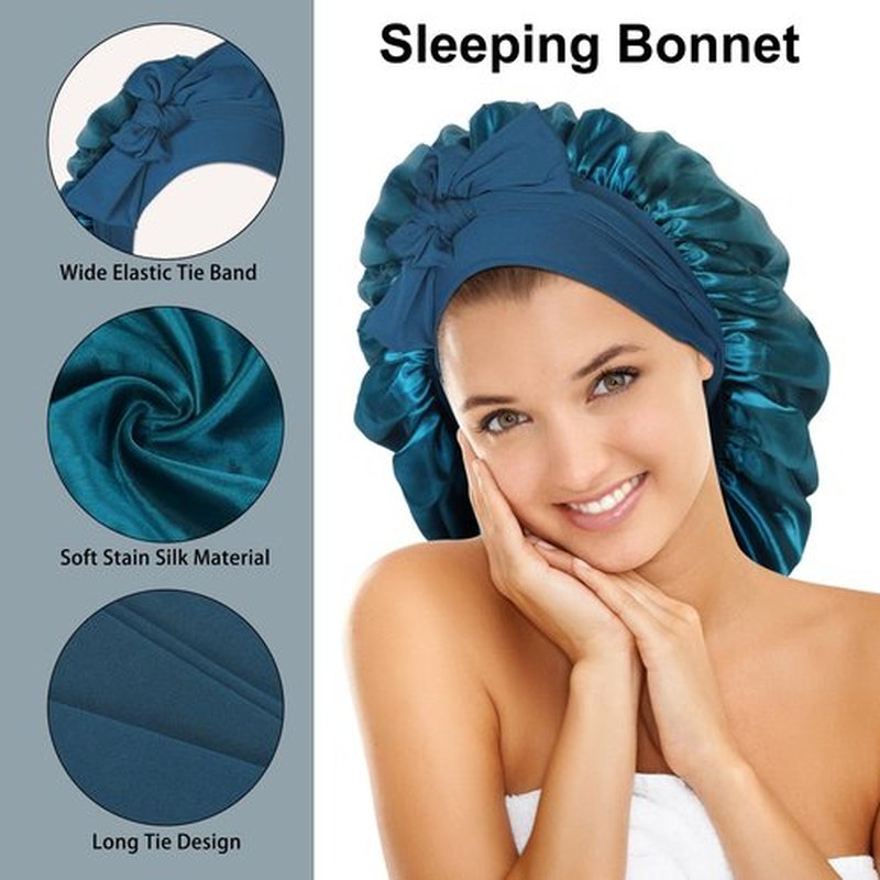Arqumi 2 Pcs Satin Silk Bonnet for Sleeping Women, Large Long Strap Tie Band Adjustable Sleep Night Cap Hair Bonnet Wrap for Men, Black+Hole Blue