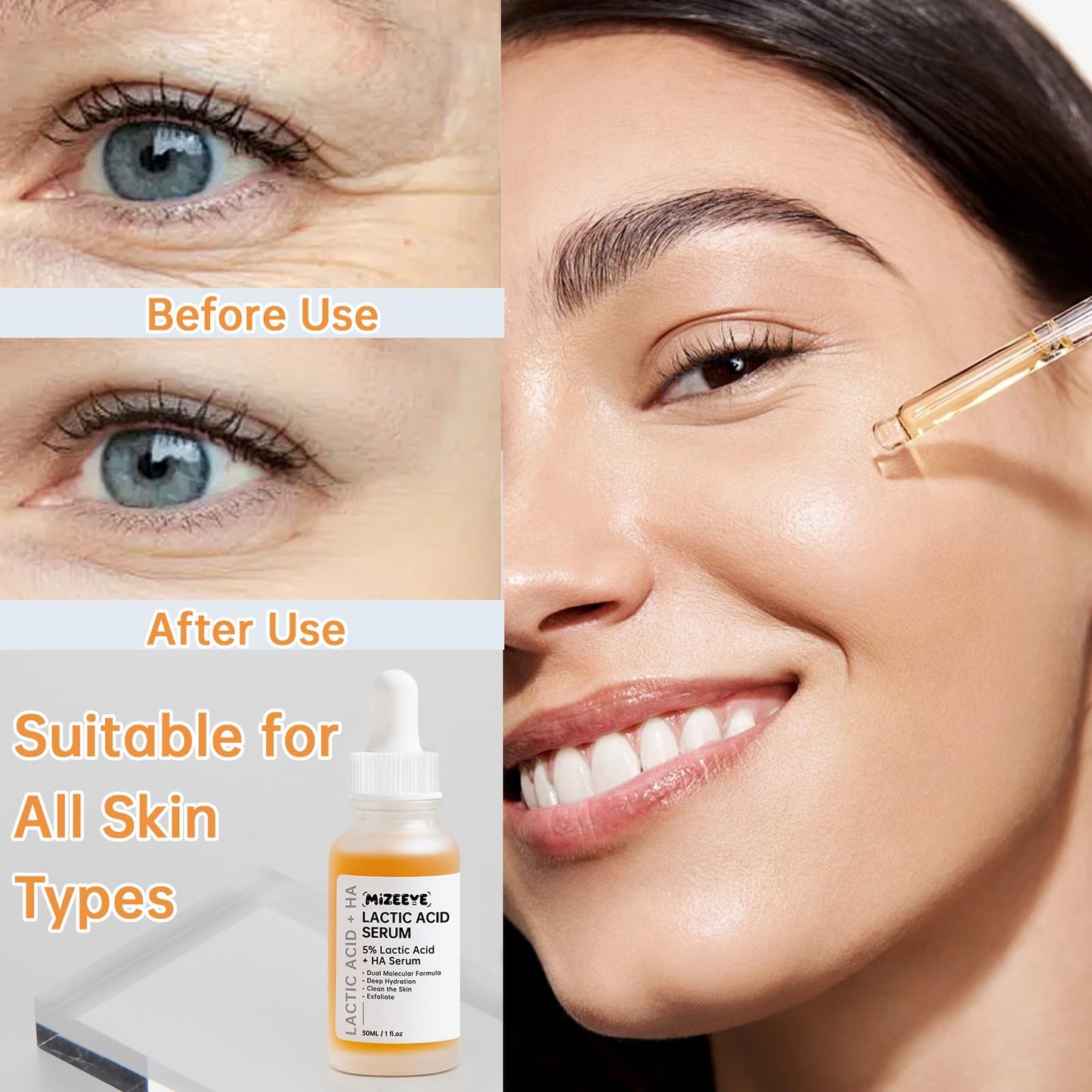Lactic Acid Serum For Women, 30ML Moisturizing Lactic Acid 5% + Hyaluronic Acid Face Serum For Exfoliating, Dry Skin.