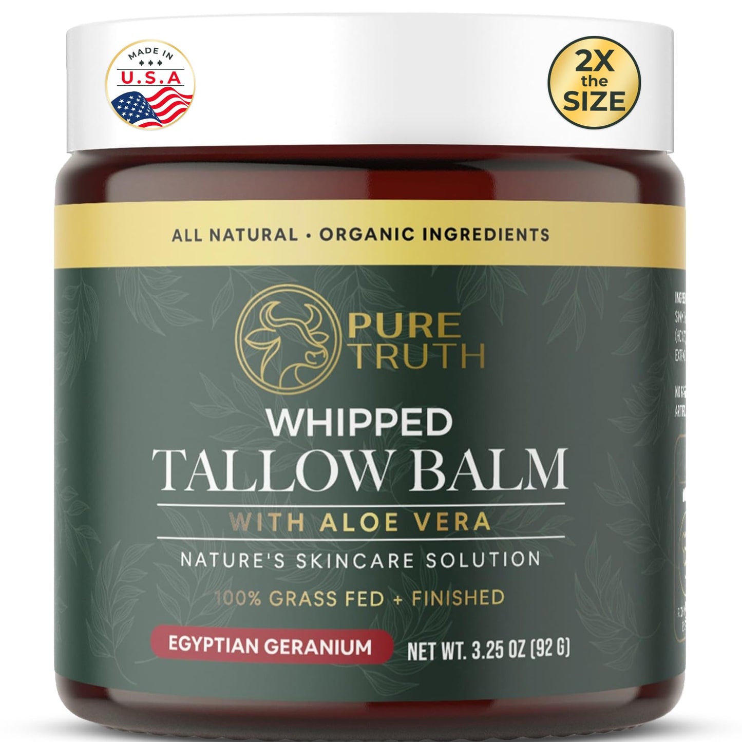 Pure Truth Whipped Tallow and Honey Balm (Geranium), Beef Tallow for Skin Care, Grass Fed + Finished Tallow Moisturizer Cream for Face & Body w/Organic Honey, Aloe Vera, Jojoba Oil - Men Women 3.25oz