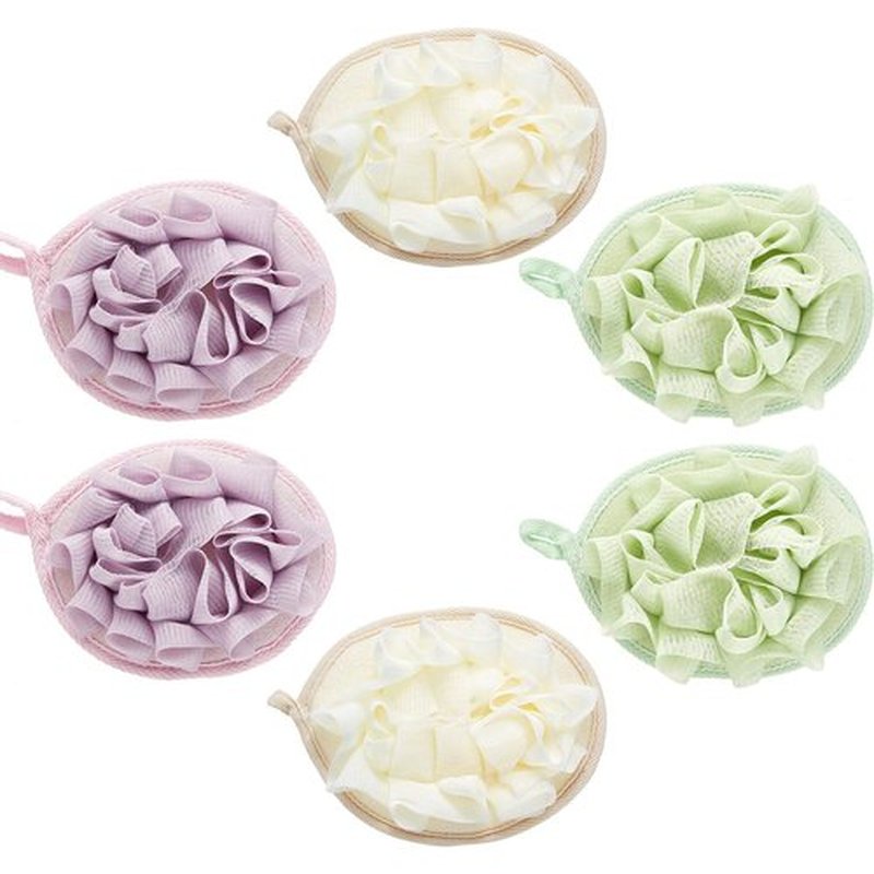 Boao 6 Pieces Bath Shower Pouf Sponge Mesh Pouf Shower Ball Exfoliating Body Sponge Pad Shower Scrubber Ball Shower Glove with Flower Bath Ball (Beige, Green, Purple)