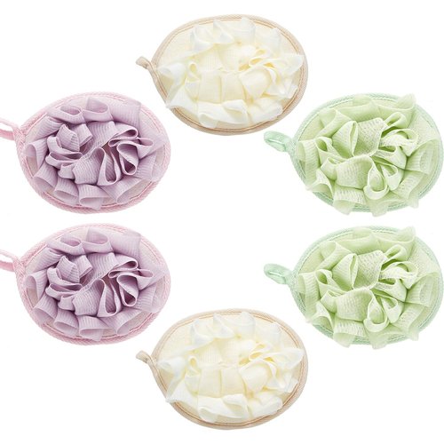 Boao 6 Pieces Bath Shower Pouf Sponge Mesh Pouf Shower Ball Exfoliating Body Sponge Pad Shower Scrubber Ball Shower Glove with Flower Bath Ball (Beige, Green, Purple)
