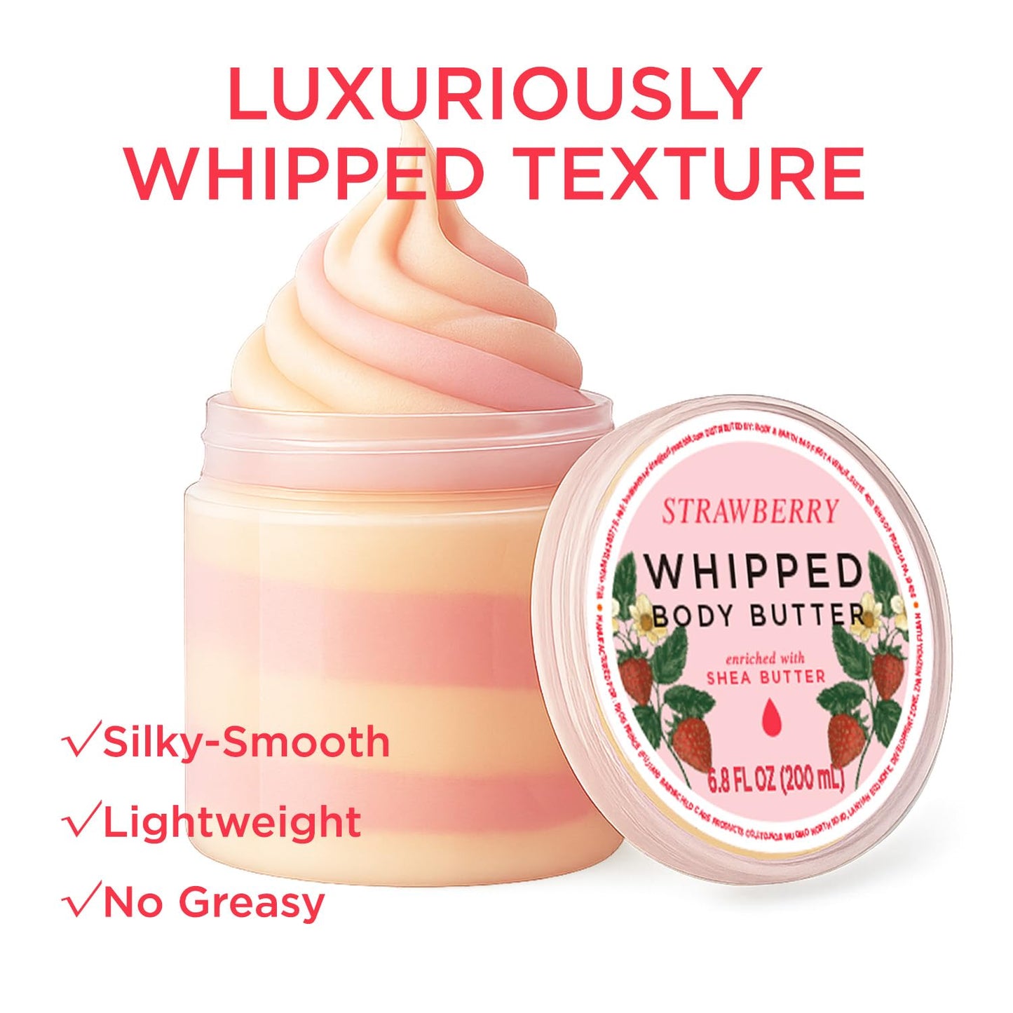 Princess Belle Strawberry Whipped Shea Body Butter, Body Moisturizer for Dry Skin, Smell Good, Strawberry Gifts for Women-2 Pack (3.4floz + 6.8 floz)