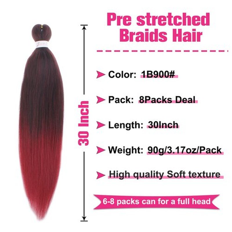 Unionbeauty 30 Inch 8 Packs Pre Streched Braiding Hair Long Ombre Burgundy Braiding Hair for Box Braids Crochet Hair Hot Water Setting Yaki Texture Synthetic Crochet Braid Hair Extension (1B900#)